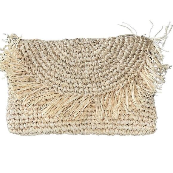 Womens Half Moon Flap Woven Raffia Envelope‎ Clutch Tan Size 12"x 8.5" - Picture 1 of 6